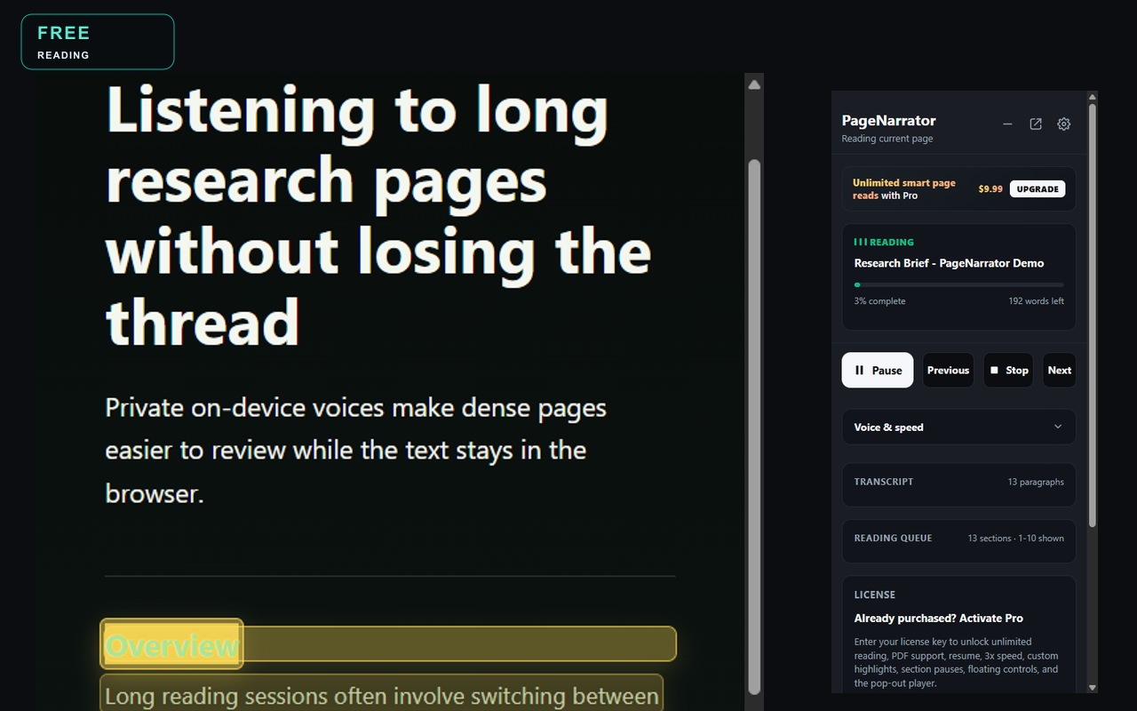 PageNarrator Free side panel reading a webpage aloud