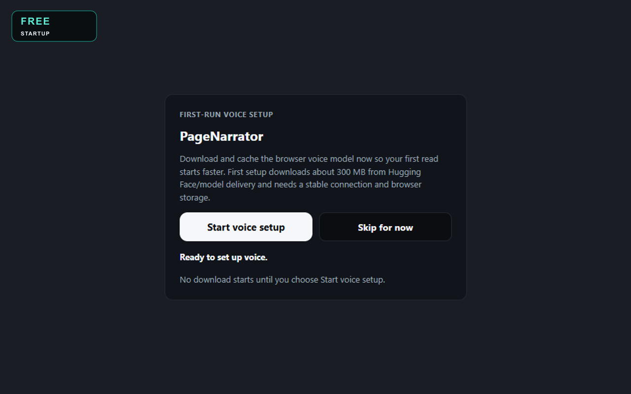 PageNarrator Free first-run voice setup screen